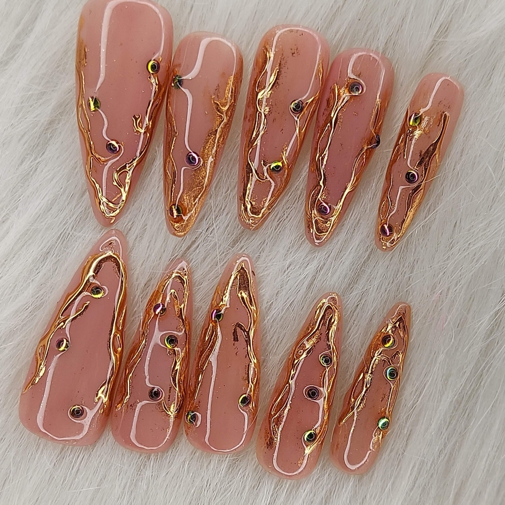 Gold Chrome Crystal Nails